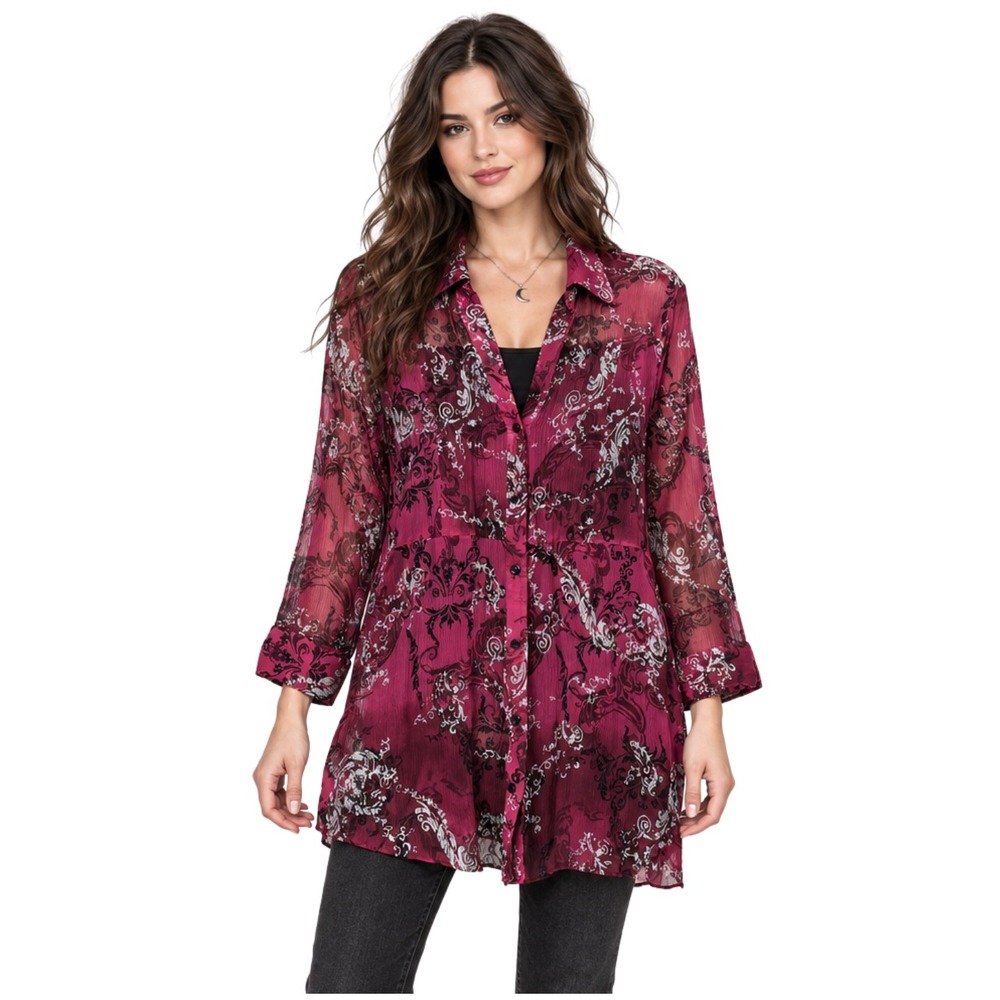 Whimsigoth Sheer Silk Sheer Paisley Tunic Top Pink Black Silver Chicos 2 Large